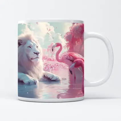White Lion Pink Flamingos Dreamy Fantasy Scene