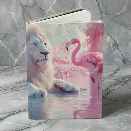 White Lion Pink Flamingos Dreamy Fantasy Scene