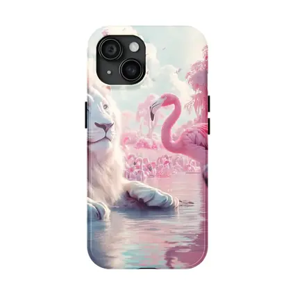 White Lion Pink Flamingos Dreamy Fantasy Scene