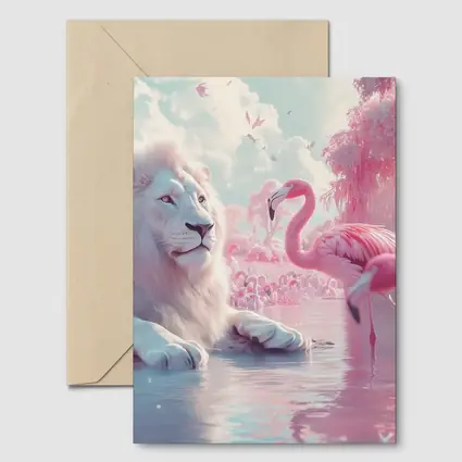 White Lion Pink Flamingos Dreamy Fantasy Scene