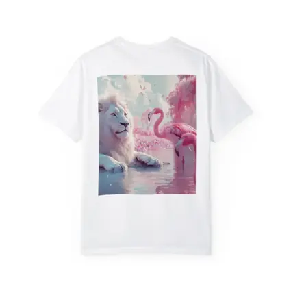 White Lion Pink Flamingos Dreamy Fantasy Scene
