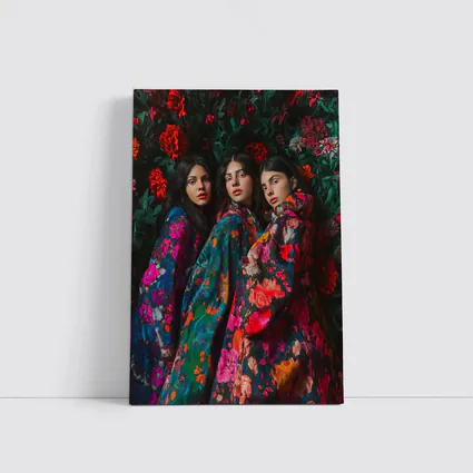 Three Women Floral Coat Dark Flower Background