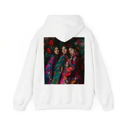 Three Women Floral Coat Dark Flower Background