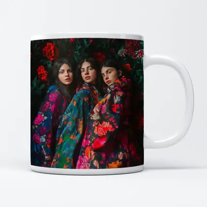 Three Women Floral Coat Dark Flower Background