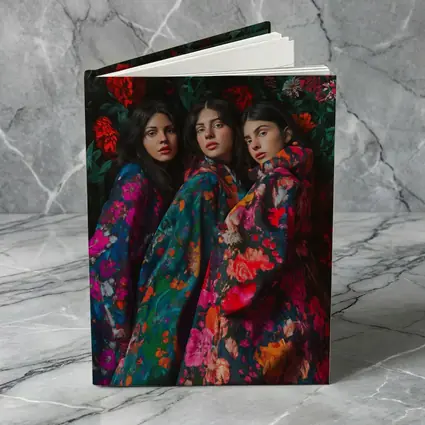 Three Women Floral Coat Dark Flower Background