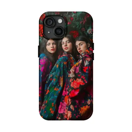 Three Women Floral Coat Dark Flower Background