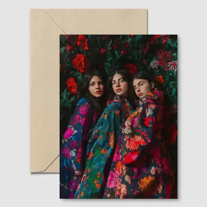 Three Women Floral Coat Dark Flower Background