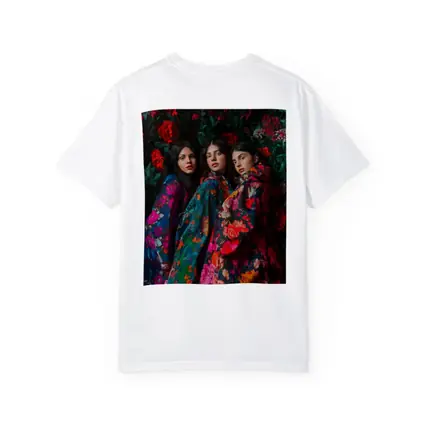 Three Women Floral Coat Dark Flower Background