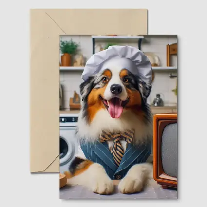 Australian Shepherd Chef Hat Kitchen Scene