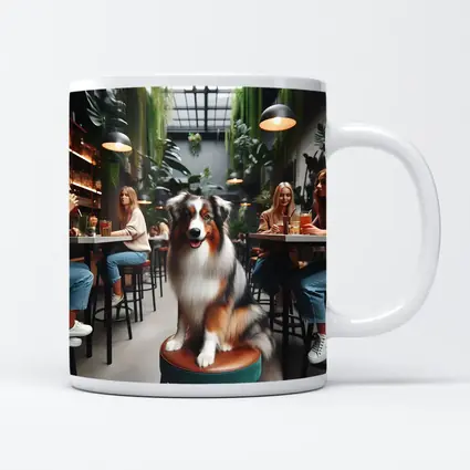 Australian Shepherd Dog Sitting Inside Cafe
