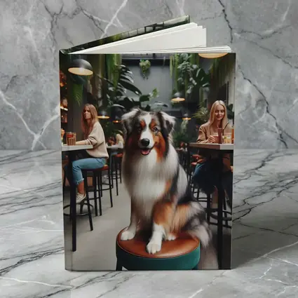 Australian Shepherd Dog Sitting Inside Cafe