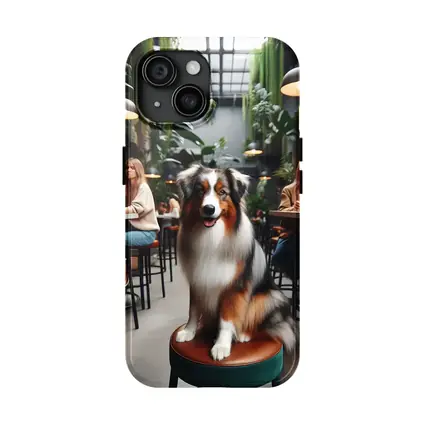 Australian Shepherd Dog Sitting Inside Cafe