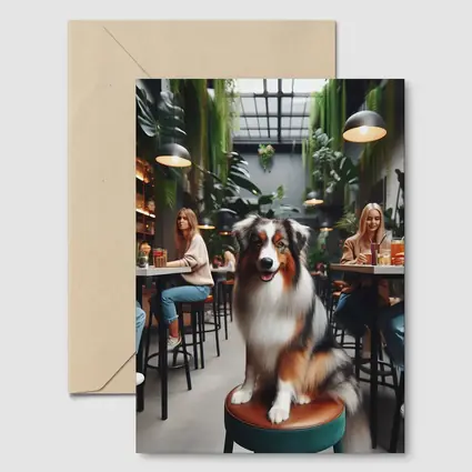 Australian Shepherd Dog Sitting Inside Cafe