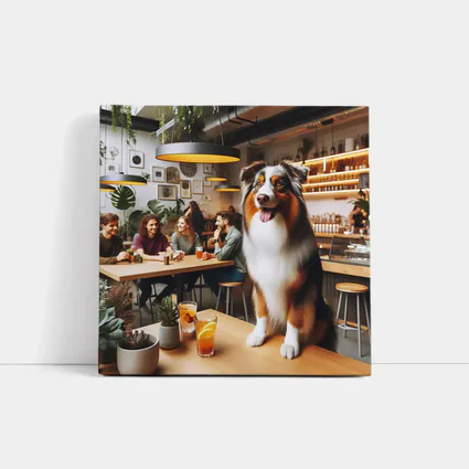 Australian Shepherd Dog In Cozy Cafe