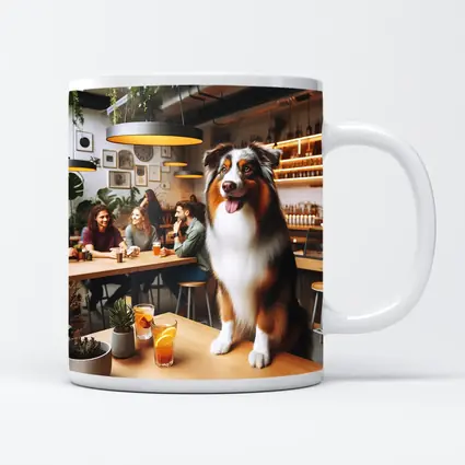 Australian Shepherd Dog In Cozy Cafe