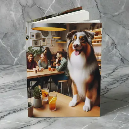 Australian Shepherd Dog In Cozy Cafe