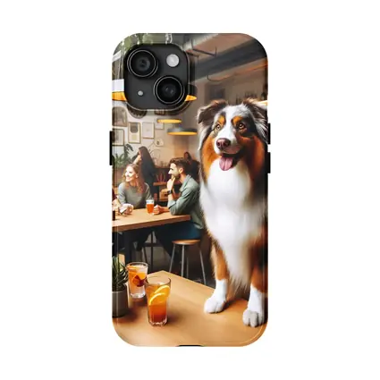 Australian Shepherd Dog In Cozy Cafe