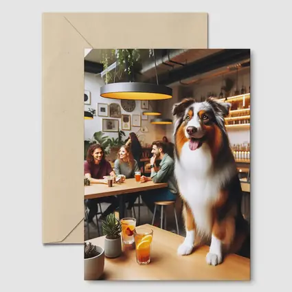 Australian Shepherd Dog In Cozy Cafe
