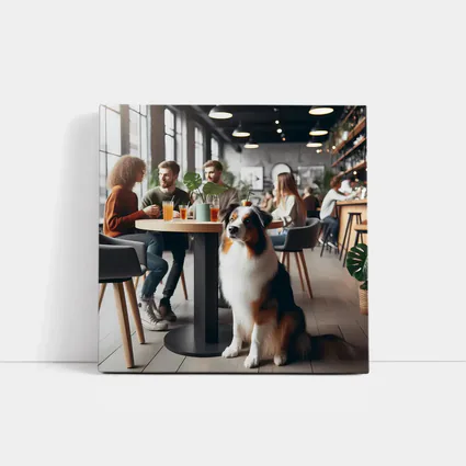 Australian Shepherd Dog Sitting In Cafe