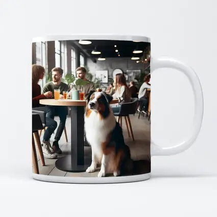 Australian Shepherd Dog Sitting In Cafe