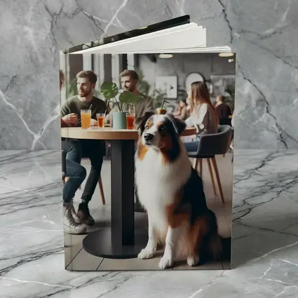 Australian Shepherd Dog Sitting In Cafe