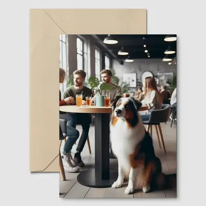 Australian Shepherd Dog Sitting In Cafe