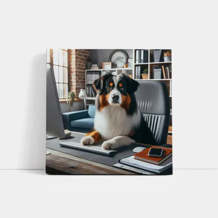 Australian Shepherd Dog Sitting Office Desk