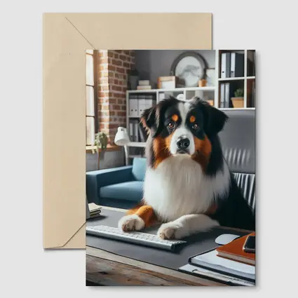 Australian Shepherd Dog Sitting Office Desk
