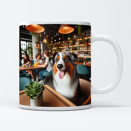 Australian Shepherd Dog Sitting in Cafe