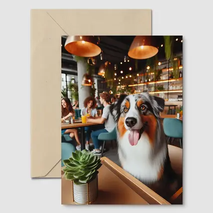 Australian Shepherd Dog Sitting in Cafe