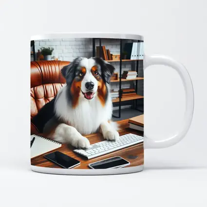 Australian Shepherd Dog Sitting Office Desk