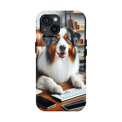 Australian Shepherd Dog Sitting Office Desk