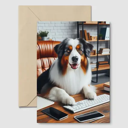 Australian Shepherd Dog Sitting Office Desk