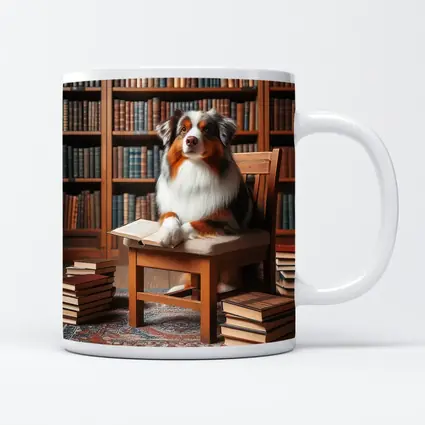 Australian Shepherd Dog Reading in Library