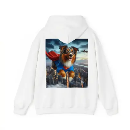 Australian Shepherd Superhero Flying Over City