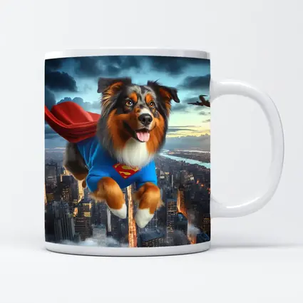 Australian Shepherd Superhero Flying Over City