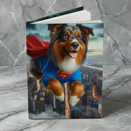 Australian Shepherd Superhero Flying Over City