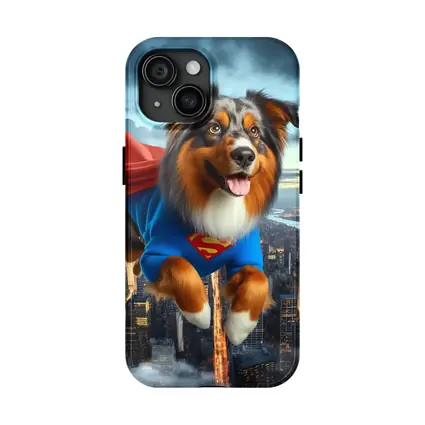Australian Shepherd Superhero Flying Over City