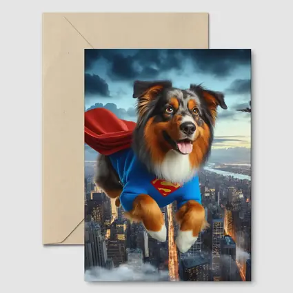 Australian Shepherd Superhero Flying Over City
