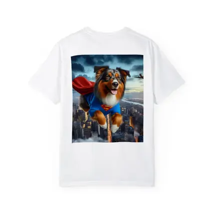 Australian Shepherd Superhero Flying Over City