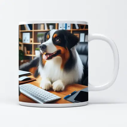 Australian Shepherd Dog Sitting Office Desk