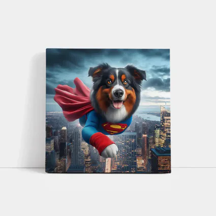 Australian Shepherd Superman Flying Over City
