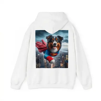 Australian Shepherd Superman Flying Over City