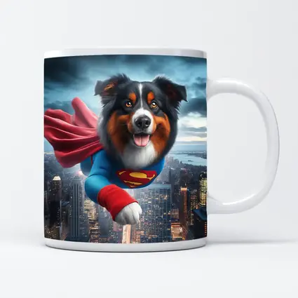 Australian Shepherd Superman Flying Over City