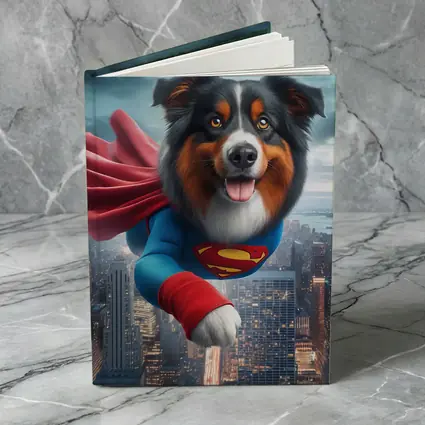 Australian Shepherd Superman Flying Over City