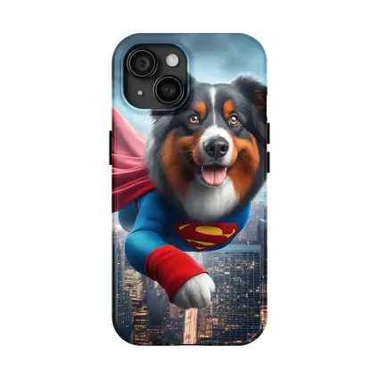 Australian Shepherd Superman Flying Over City