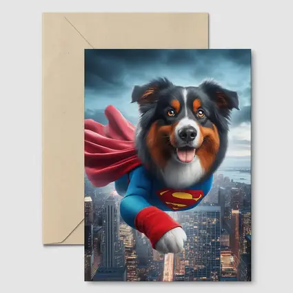 Australian Shepherd Superman Flying Over City