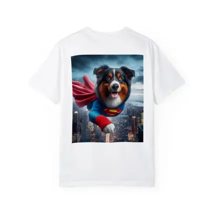 Australian Shepherd Superman Flying Over City