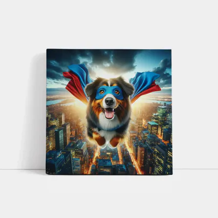 Superhero Australian Shepherd Flying Over City