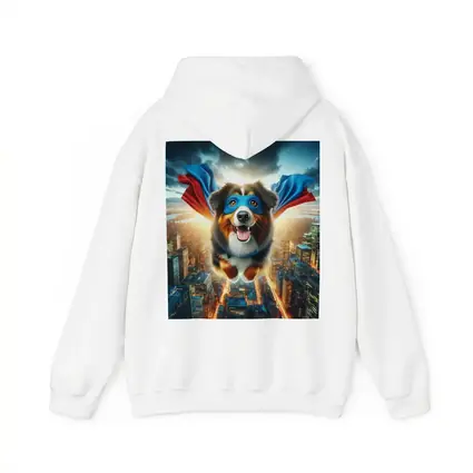 Superhero Australian Shepherd Flying Over City